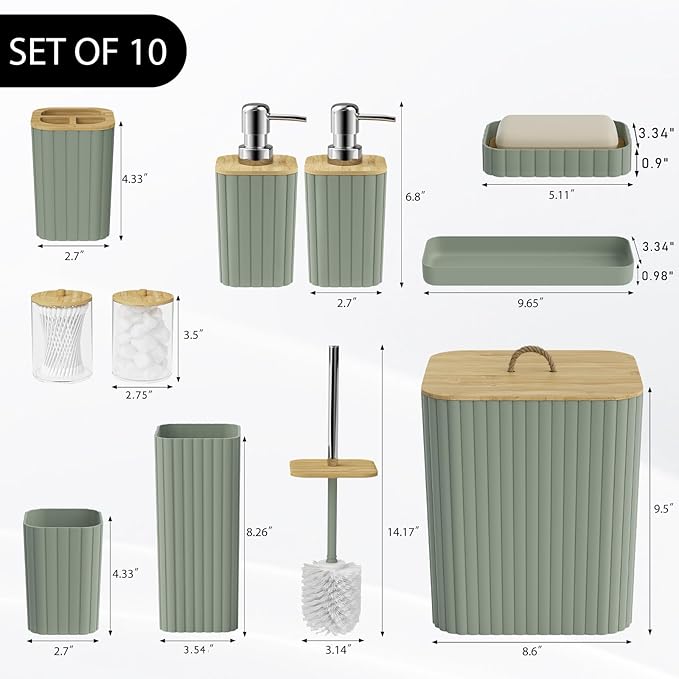 Bathroom Accessories Set - 10PC Bathroom Set, Sage Green Bathroom Set, Bathroom Accessories Set, Toilet Brush, Bathroom Trash Can & Soap Dispenser