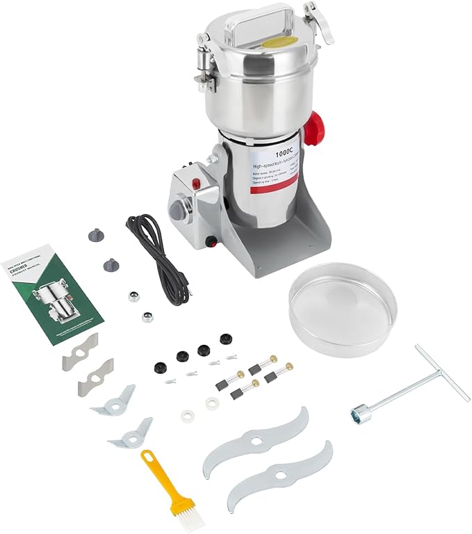 1000g Electric Grain Grinder Mill, 3600W Dry Cereals Pulverizer Commercial Superfine Grinding Machine 50-300 Mesh for Spices, Coffee Beans, Seasonings Timing 1-5 Minutes (1000g/3600W)