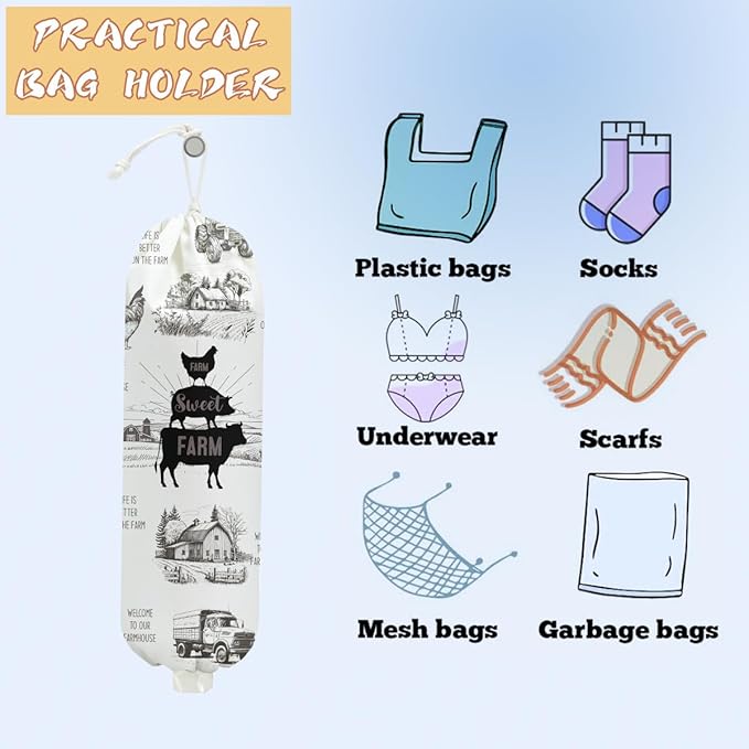 2PCS Farm Animals Plastic Bag Holder, Wall Mount Grocery Bag Holder Plastic Storage bag, Chicken Pig Decor Storage Organizer Grocery Bags with Drawstring, Chicken Gifts for Women Mom Grandma