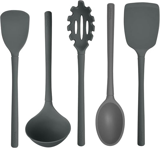 Tovolo Silicone Kitchen Utensils Set of 5 Solid Turner Spoon Pasta Claw Ladle and Scoopula Charcoal Gray Silicone Cooking Utensil Set Dishwasher Safe Heat Resistant BPA Free Non Toxic Utensil Set