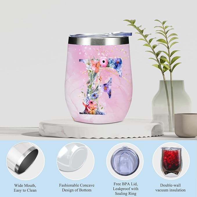 Personalized Gifts Monogrammed Birthday Gifts for Women, Aunt Grandma Retirement Christmas Initial Wine Tumbler Makeup Bag Scented Candle Bracelet Set, (Aesthetic Pink Flower F)