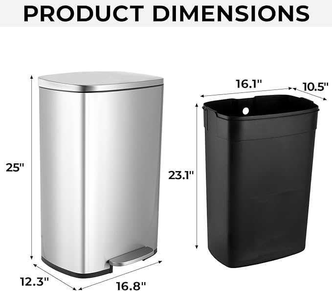 13.2 Gal Kitchen Trash Can, 50L Recycling or Garbage Bin, Brushed Stainless Steel Waste Basket, Soft&Quiet Close Dustbin, with Step-On Pedal, Removable Inner Bucket, for Home, Office, Living Room