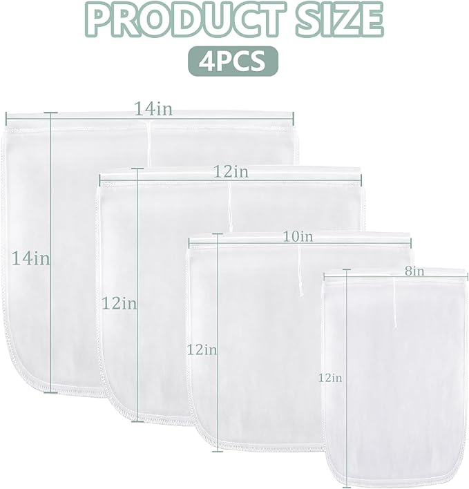 4PCS Nut Milk Bag, Food Grade Nylon Cheese Cloth Bag, Straining Reusable Fine Mesh Strainer for Tea, Yogurt, Juice, Cheese, Soup, Herbs, Vegetable Juice (8"x12"/14"x14"/10"x12"/12"x12")