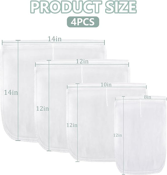 4PCS Nut Milk Bag, Food Grade Nylon Cheese Cloth Bag, Straining Reusable Fine Mesh Strainer for Tea, Yogurt, Juice, Cheese, Soup, Herbs, Vegetable Juice (8"x12"/14"x14"/10"x12"/12"x12")