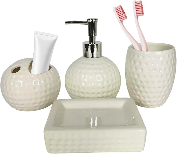 4Pcs White Bathroom Accessories Set Engraved Soap Dispenser with Toothbrush Holder & Tumbler & Soap Dish Ceramic Bathroom Accessories Set for Home Hotel