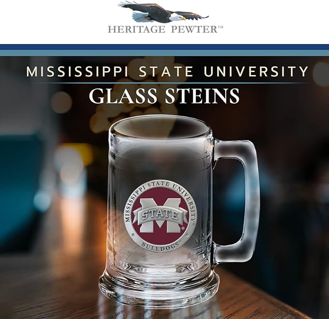 Heritage Pewter Mississippi State Beer Stein Glass | 15 Ounce German-Style Beer Glass | Intricately Crafted Metal Pewter Alma Mater Inlay