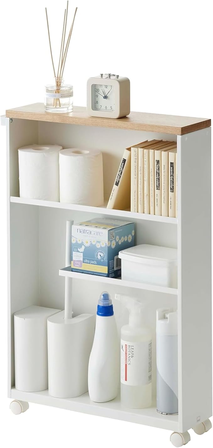 YAMAZAKI Home Slim Rolling Storage Cart – Narrow Bathroom Storage Cabinet with Handle, Slim Bathroom Storage Cart with Wheels, Easy Assembly, Steel + Wood, White
