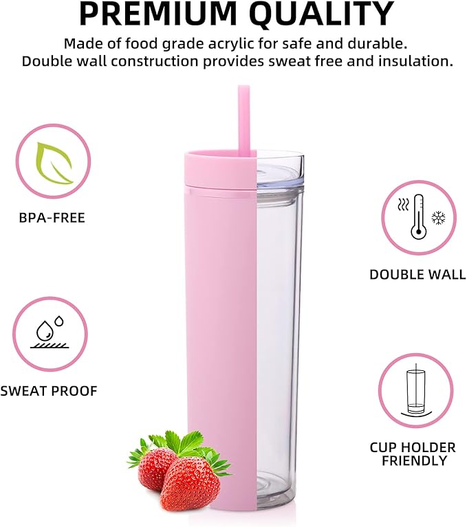 Volhoply 20oz Tumbler with Lid and Straw 8 Pack,Double Wall Clear Plastic Skinny Tumblers Bulk,Reusable Travel Cute Coffee Mug,Acrylic Water Cups With Straw Cleaner for Drinks,Party,Gifts(Pink,8 Set