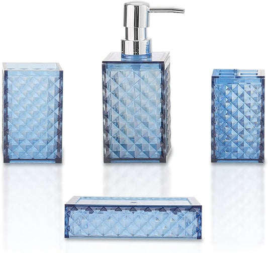 Bathroom Accessories Set 4-Piece Plastic Gift Set with Toothbrush Holder, Toothbrush Cup, Soap Dispenser, Soap Dish(Dark Blue)