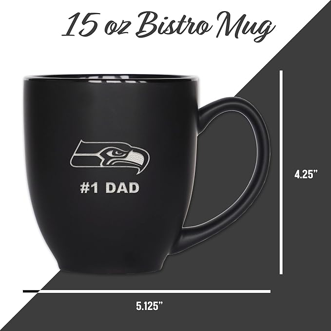 Rico Industries NFL Football #1 Dad 15oz Laser Engraved Matte Black Ceramic Bistro Mug - for Hot or Cold Drinks