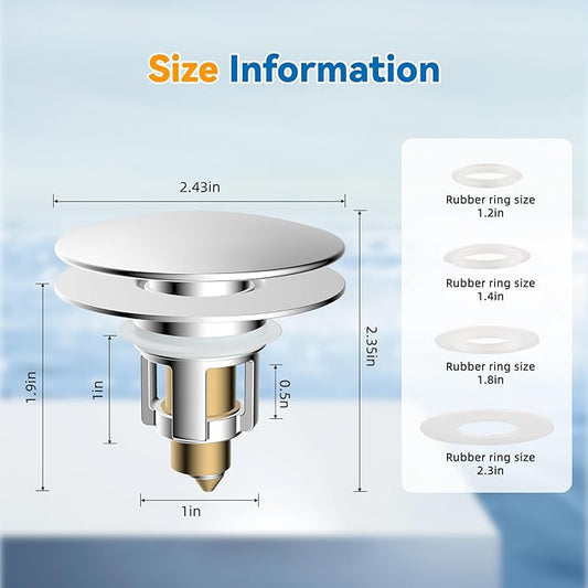 iFealClear 2 Pack Universal Bathroom Sink Stopper, Pop Up Sink Drain Strainer with Hair Catcher Basket, Fit 1.1"-2.36" US Basin, Wash Basin Drain Plug with Large Cover Cap, Brass Bounce Core, Chrome