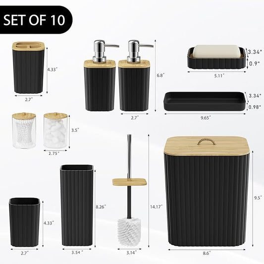 Bathroom Accessories Set - 10PC Bathroom Set, Black Bathroom Set, Bathroom Accessories Set, Toilet Brush, Bathroom Trash Can & Soap Dispenser