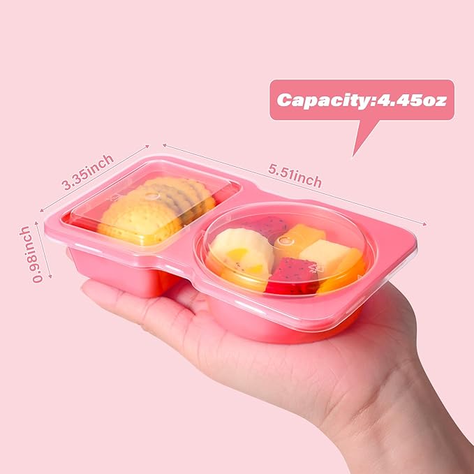 Double Compartment Snack Containers with Lids, 2 Compartment Condiment Container, Plastic Disposable Snack Pack Containers for Sauce, Salad, Food Storage Box(20PCS-Pink)