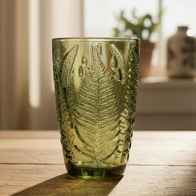 Green Drinking Glasses Set of 8 – 12 oz Hand-Blown Vintage Glass Cups, Boho Aesthetic Colored Glassware with Antique Charm, Textured Highball Water Tumblers, Unique Retro Drinkware Gift for Home