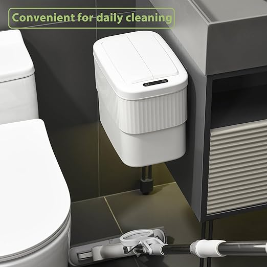 Sensor Hanging Trash Can with Lid 2.5 Gallon,Motion Sensor Garbage Can, Bathroom Trash Cans,Smart Trash Bin,Mountable/Desk for Kitchen Compost Bin,Liveroom,Office,White