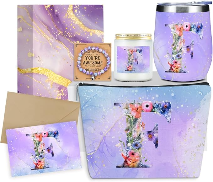 Personalized Gifts Monogrammed Birthday Gifts for Women, Aunt Grandma Retirement Christmas Initial Wine Tumbler Makeup Bag Scented Candle Bracelet Set, (Aesthetic Purple Flower F)