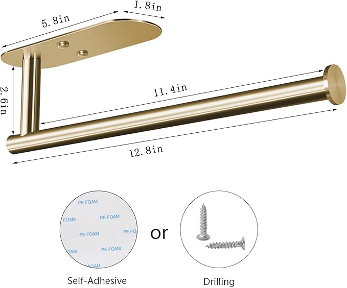 HUFEEOH Adhesive Paper Towel Holder Under Cabinet Wall Mount for Kitchen Paper Towel, Stainless Steel Paper Towel Roll Rack for Bathroom Towel (Gold, Thick)