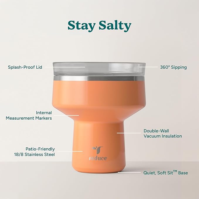 REDUCE Saltini 16 oz Cocktail Tumbler - Insulated Margarita Tumbler with Lid - Keeps Drinks Cold for 10 Hours - 360 Sippable Martini Glass Alternative - Shatterproof, Perfect for Parties - Papaya