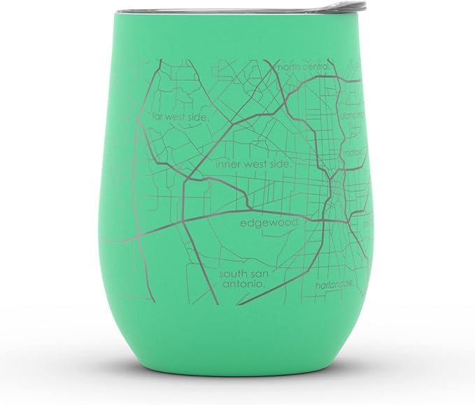 Well Told Engraved San Antonio Texas Map Insulated Wine Tumbler, Etched Stainless Steel Cup (12 oz, Sunday Green) City Map Insulated Tumbler, Custom Insulated Tumbler, Outdoor Drinkware