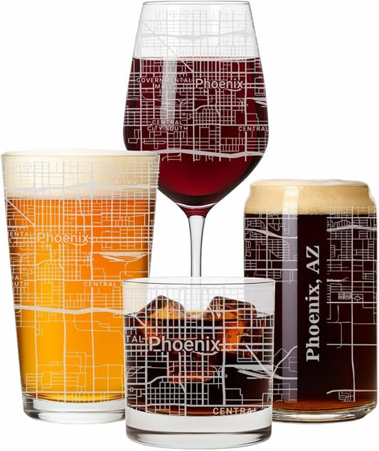 Blue Ridge Mountain Gifts - Phoenix Souvenir - Arizona Glassware Gift, Etched City Map, Laser Engraved and Dishwasher Safe