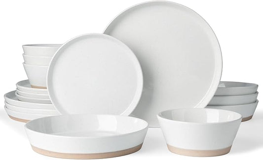 Famiware Saturn Dinnerware Set with Pasta Bowl, 16 Pieces Dish Set, Plates and Double Bowls Sets for 4, Chip and Scratch Resistant, Microwave and Dishwasher Safe Tableware, White