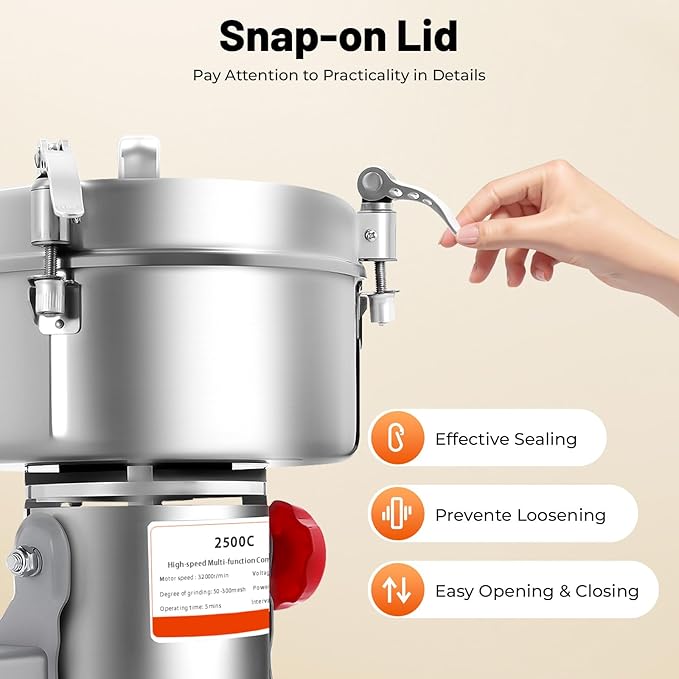 2500g Electric Grain Grinder Mill, 4500W Dry Cereals Pulverizer Commercial Superfine Grinding Machine High Speed Multi-Function Grain Grinder 50-300 Mesh Timing 1-5 Minutes (2500g/4500W)