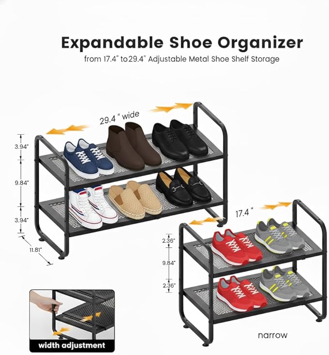 Shoe Rack,Expandable Shoe Organizer for Entry,Closet,2-Levels Adjustable Metal Shoe Shelf Storage, 2 Tier Metal Shoe Shelf, Perfect for Small Entryway, Garage, entryway, Closet,Black