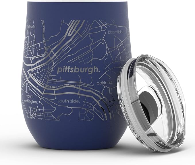 Well Told Engraved Pittsburgh Pennsylvania Map Insulated Wine Tumbler, Etched Stainless Steel Cup (12 oz, Midnight Blue) City Map Insulated Tumbler, Custom Insulated Tumbler, Outdoor Drinkware