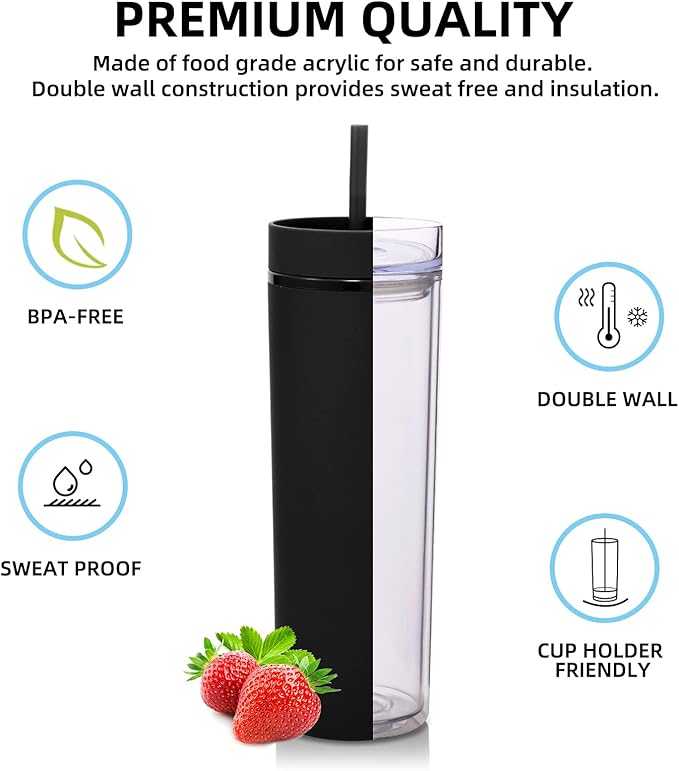 Volhoply 20oz Plastic Skinny Tumbler,Double Wall Tumblers with Lid and Straw,Reusable Travel Iced Coffee Mug,BPA Free Matte Acrylic Water Cups With Straw for Parties,DIY Gifts(Black,1 Set