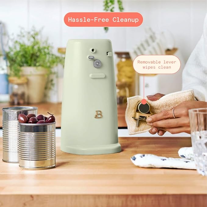 Beautiful Electric Can Opener with Auto-Turn, Magnetic Lid Holder, Knife Sharpener, Bottle Opener, Removable Lever, Cord Storage, No-Tilt Base, Stainless Steel Blade, 70W (Sage Green)