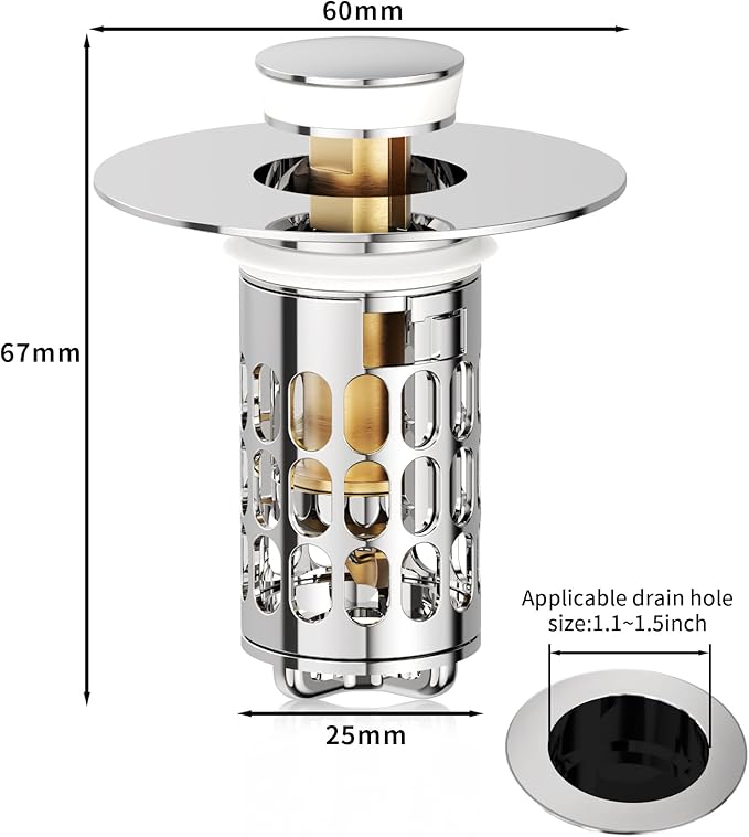 Upgraded Bathroom Sink Stopper – Universal Pop-Up Drain Plug with Anti-Clog Hair Catcher, Durable Stainless Steel & Silicone Seal, Fits Standard 1.1-1.5 Inch Sink Drains, Silver