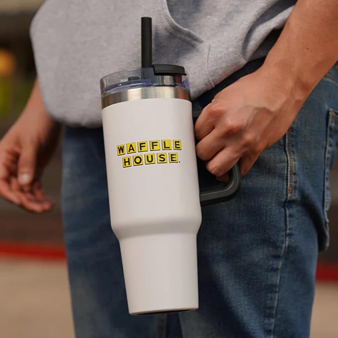 Waffle House Stainless Steel Tumbler with Straw – 24oz Double Wall Vacuum Insulated Cup with Straw & Spill-Resistant Lid – Hot & Cold Drinks – Durable Modern Travel Mug for Home or On-the-Go