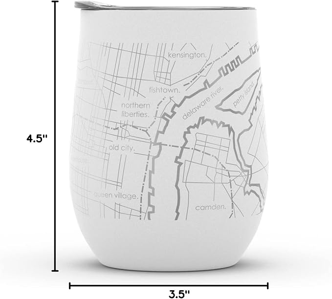 Well Told Engraved Philadelphia Pennsylvania Map Insulated Wine Tumbler, Etched Stainless Steel Wine Tumbler (12 oz, White) City Map Insulated Tumbler, Custom Insulated Tumbler, Outdoor Drinkware