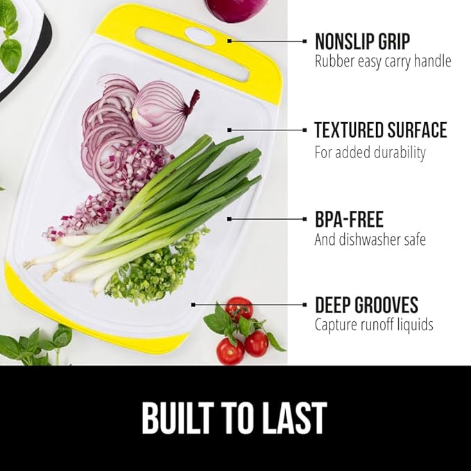 GORILLA GRIP BPA-Free Reversible Kitchen Cutting Board Set of 3, US Designed, Nonporous, Juice Grooves Catch Liquid, Slip Resistant Border, Dishwasher Safe, Durable Large Food Chopping Boards, Yellow