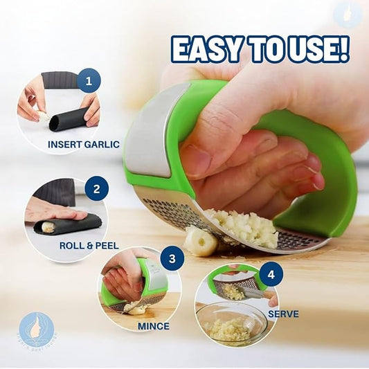 Angel's Peel Lounge Stainless Steel Garlic Press Rocker Set with Silicone Garlic Peeler & Cleaning Brush – Garlic Chopper, Mincer, Grater, Crusher – Easy for Crushed Cloves – Rust-Resistant, Green