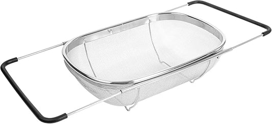 Restaurantware Colander 1 Count 5.5 qt Dishwasher-Safe Stainless Steel Coarse Mesh Colander with Over-The-Sink Expandable Handles Kitchen Strainer Basket for Pasta, Fruits, and Vegetables