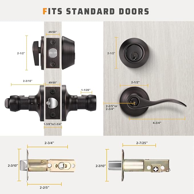KNOBWELL 6 Pack Keyed Alike Entrance Door Lever Door Handle Exterior Door Lock Set with Deadbolt Reversible for Right and Left Side and A Single Cylinder Deadbolt Set