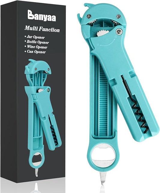 7 in 1 Jar Opener Bottle Opener and Wine Opener for Seniors with Arthritis, Weak Hands, Multi Retractable Magnetic Can Opener, Original Kitchen Lid Opener Tool (Cyan)