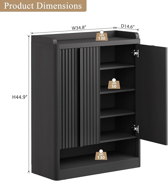 Fluted Shoe Storage Cabinet for Entryway – 45" Tall, 6-Tier Shoe Organizer with 4 Adjustable Shelves, Mid-Century Freestanding Wooden Shoe Rack for Hallway, Living Room, Closet, Black(3PCS)