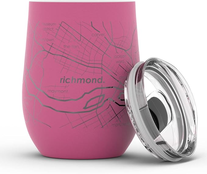 Well Told Engraved Richmond Virginia Map Insulated Wine Tumbler, Etched Stainless Steel Cup (12 oz, Sunset Pink) City Map Insulated Tumbler, Custom Insulated Tumbler, Outdoor Drinkware