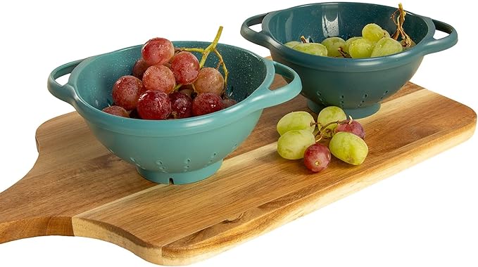 Crisp 2-Piece Mini Colander Berry Baskets With Handles - Food Strainers For Kitchen - Small Colander For Berries & Grape - Dishwasher Safe Berry Strainer - Made in the USA - Prussian Blue & Light Teal