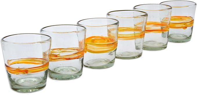 NOVICA Artisan Handblown Recycled Ecofriendly Rock Glasses Set 6 in Golden Hues Clear Yellow Mexico Tableware Drinkware Tumbler Juice Striped Misted Hacienda [ 3.5in H x 3.5in Diam. 10 Oz.] ' Ribbon