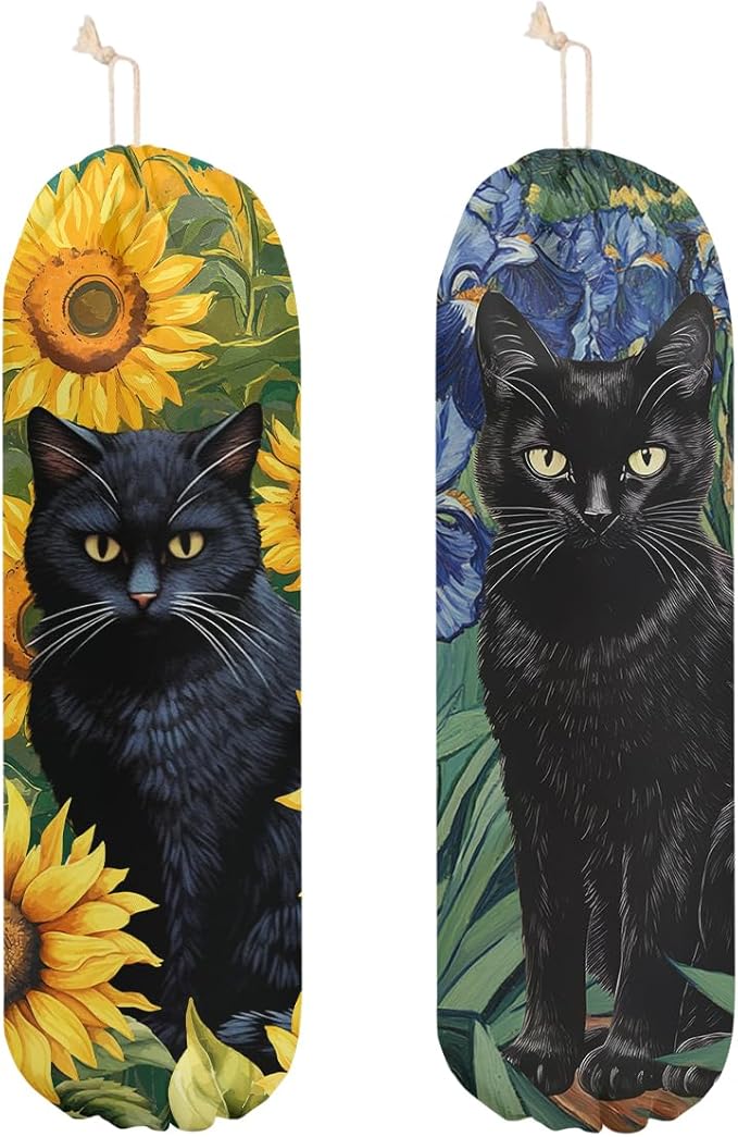 2 Pcs Cat Gifts Plastic Bag Holder, Wall Mount Grocery Bag Holder for Plastic Bags, Flower Reusable Grocery Bags Storage Dispenser for Home Kitchen Pantry Decor, Funny Cats Gifts for Women Cat Lovers