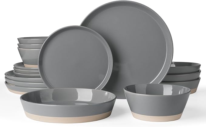 Famiware Saturn Dinnerware Set with Pasta Bowl, 16 Pieces Dish Set, Plates and Double Bowls Sets for 4, Chip and Scratch Resistant, Microwave and Dishwasher Safe Tableware, Dark Gray
