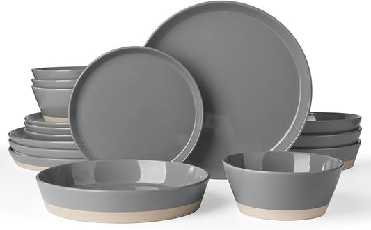 Famiware Saturn Dinnerware Set with Pasta Bowl, 16 Pieces Dish Set, Plates and Double Bowls Sets for 4, Chip and Scratch Resistant, Microwave and Dishwasher Safe Tableware, Dark Gray