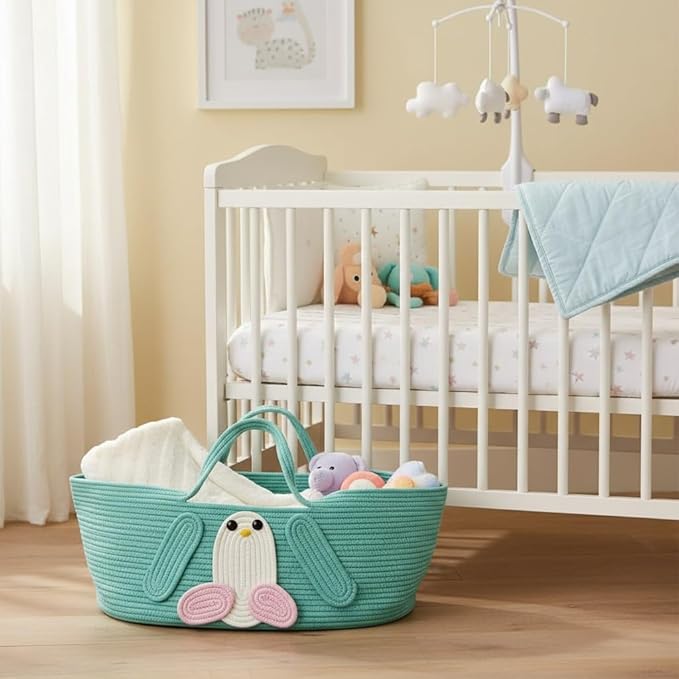 Foldable Woven Basket with Handles, All-in-One Cotton Rope Storage Box for Baby Bassinet, Household Items, Shopping, and Pet Comfort 27.56 × 15.75in