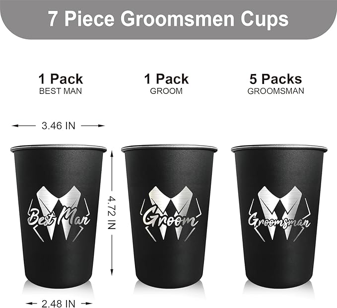 PartyGifts&beyond Groomsmen Gifts 7Pcs Groom Cups 16 Oz Groom Squad Cups for Bachelor Party Favors Stainless Steel Groomsmen Tumbler (LJ-Struggle)