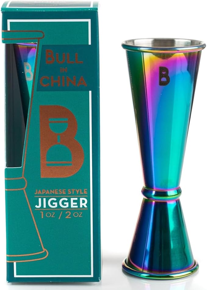 Double Japanese Jigger by Bull In China - 0.25oz to 2oz Measures for Cocktails, Bars & Bartenders (Rainbow Chrome)