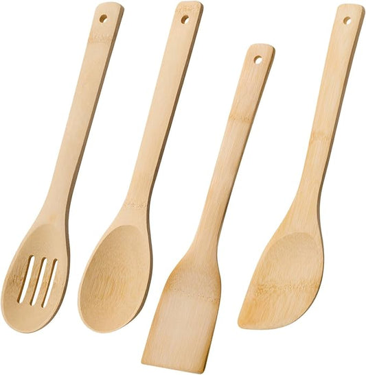 Wooden Spoons for Cooking, 4PCS Wooden Utensil Set Includes Slotted Spoon, Wooden Spoon & Wooden Spatula, Bamboo Cooking Utensils for Non-Stick Pans, Natural Bamboo Utensils