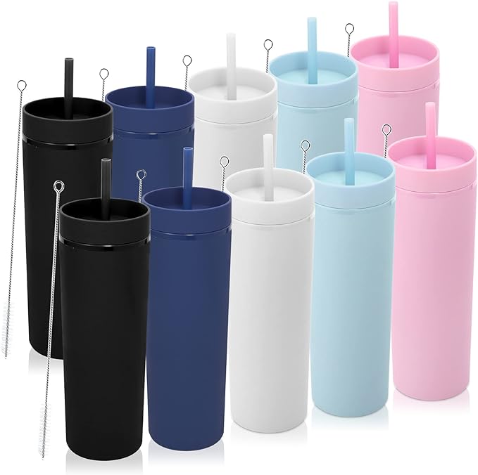 Volhoply 20oz Plastic Skinny Tumblers Bulk 10 Pack,Double Wall Tumbler with Lid and Straw,BPA Free Matte Acrylic Iced Coffee Cups With Straw,Reusable Travel Mug for Party,DIY Gifts(Assorted, 10 Set)